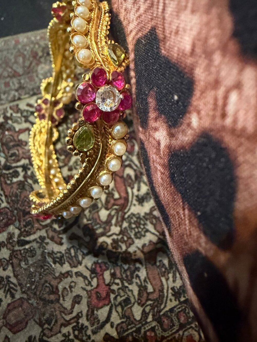 Ornate Gold Pearl Pink Green Bangle